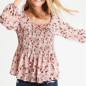 American Eagle Outfitters Light Pink Floral Smocked Peplum Top